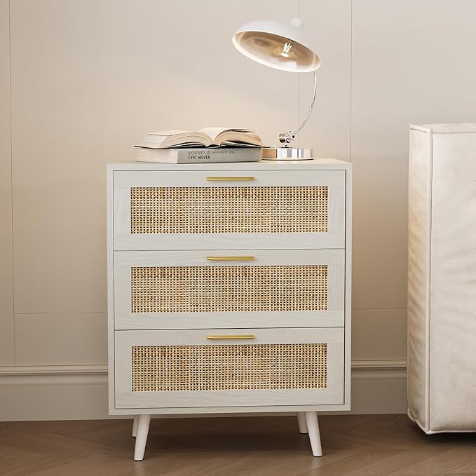 Rattan Night Stand Boho End Table with 3 Storage Drawer Wooden Bedside Tables Bed Side Table Accent Tables for Bedroom Small Space (White Cream Oak)