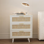 Rattan Night Stand Boho End Table with 3 Storage Drawer Wooden Bedside Tables Bed Side Table Accent Tables for Bedroom Small Space (White Cream Oak)