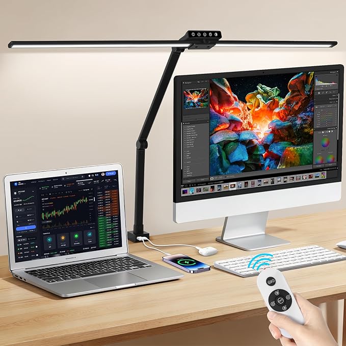 OUTON 29.5" Led Desk Lamp for Office Home, USB-A & USB-C Ports, Touch & Remote Control, 5 Color Temperatures, Stepless Dimming, Timer & Memory Function, 24W Eye-Care Monitor Light for Study Drafting