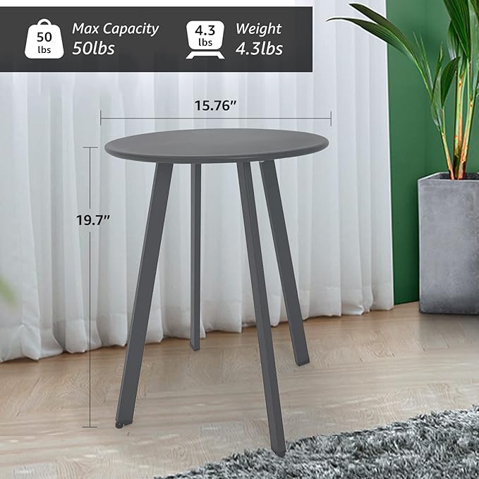 Outdoor Side Table, Weather Resistant Patio Small Outdoor Indoor Round Metal Steel Small Side Table, Waterproof End Table for Garden Balcony Yard, Grey