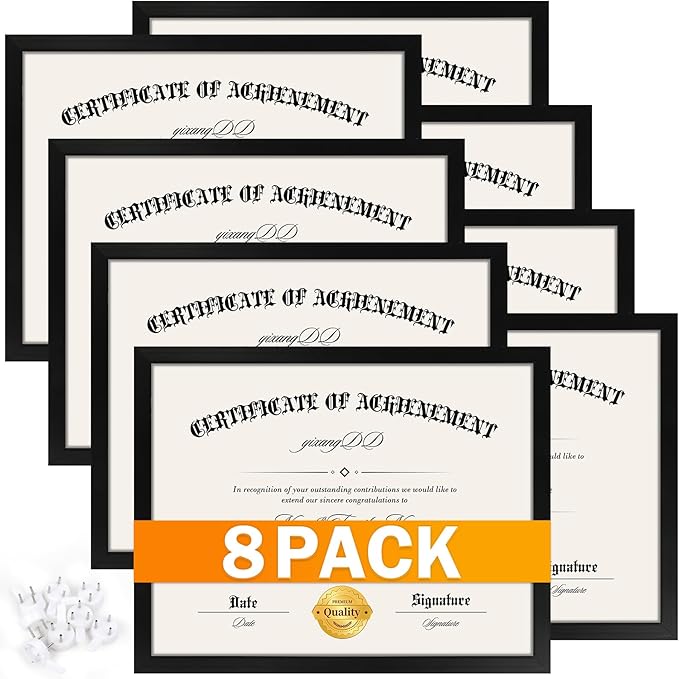 YixangDD 8 PACK Certificate Frames 8.5 x 11, Black Diploma Frame Document Frame with Clear Plexiglass, Picture Frames for Tabletop and Wall Display