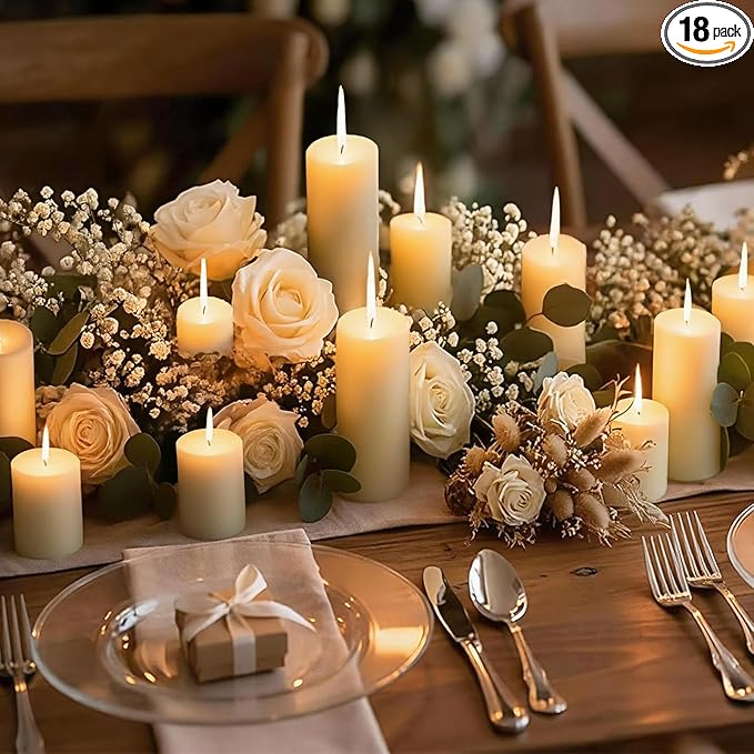 18 Pack Ivory Pillar Candles Bulk Set, 2x3 2x6 2x8 Inch - 6 Each Size, Dripless Smokeless Clean Burning for Wedding Centerpieces, Home Decor, Church, Romantic Ambiance！
