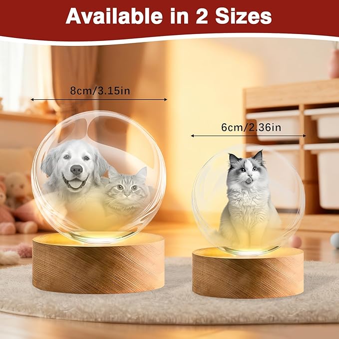 Personalized 3D Crystal Ball Night Light - Custom Photo Snow Globe Lamp for Valentine‘s Day, Anniversary, Birthday - Memorial Keepsake Gift for Couples, Family, Pets