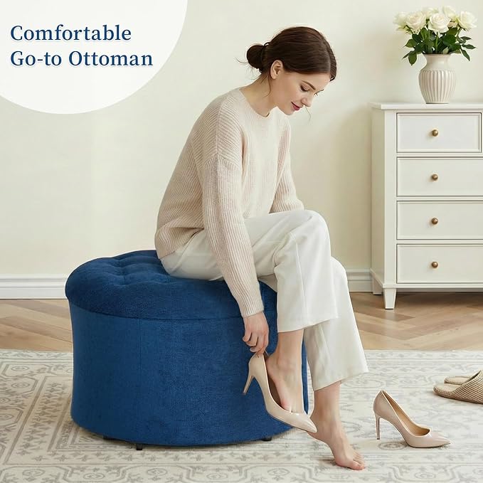 ONBRILL 25" Ottoman with Storage, Round Pouf Ottoman Foot Rest, Small Storage Foot Stool for Couch Bedroom Living Room, Books, Blankets & Kid's Toy Box, Load up to 220 lbs, Blue