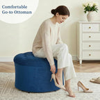 ONBRILL 25" Ottoman with Storage, Round Pouf Ottoman Foot Rest, Small Storage Foot Stool for Couch Bedroom Living Room, Books, Blankets & Kid's Toy Box, Load up to 220 lbs, Blue