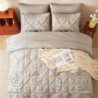 CozyLux Queen Comforter Set Wheat, 7 Pieces Pintuck Bed in A Bag, Premium Wheat Comforter Queen Size, Pinch Pleat Bedding Sets with Comforter, Sheets, Pillowcases & Shams