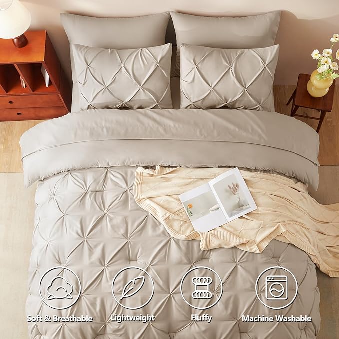 CozyLux King Size Comforter Set Wheat, 7 Pieces Pintuck Bed in A Bag Wheat Comforter King Size, Pinch Pleat Bedding Set with All Season Comforter, Sheets, Pillowcases & Shams