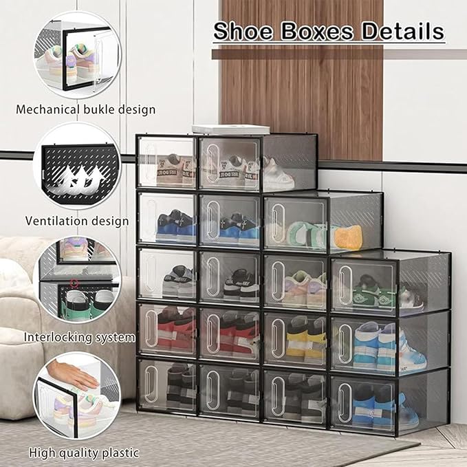 12 Packs Clear Plastic Shoebox With Magnetic Door, X-Large(15"× 13.2" × 5.6") Stackable Shoe Box Storage With Lids, Multifunctional Sneaker Containers, Toy Storage, Space-Saving Shoe Rack Black