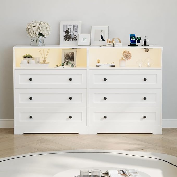 37.2" 3-Drawer Dresser with LED Lights & Charging Station, Wood Chest of Drawers with Open Space, Bedroom Closet Organizer for Living Room, Entryway, Bedside Storage, White