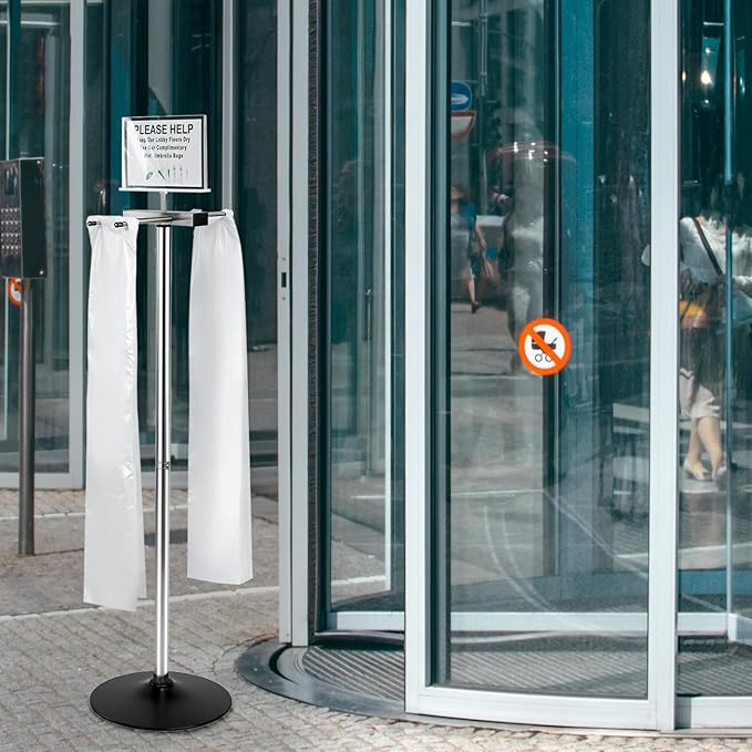QWORK Umbrella Holder for Entryway, Stainless Steel Umbrella Bag Wrapper Station with Customizable Sign – 200 Long Bags Included, for High Traffic Areas