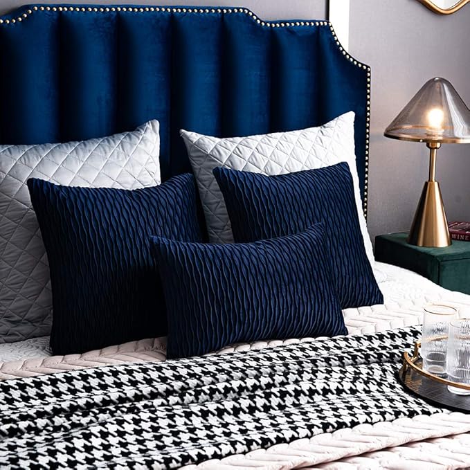 Navy Striped Couch Pillow Cases: 2 Pack 12x20 Inch Original Velvet Rectangular Throw Pillow Covers for Farmhouse Home Decor