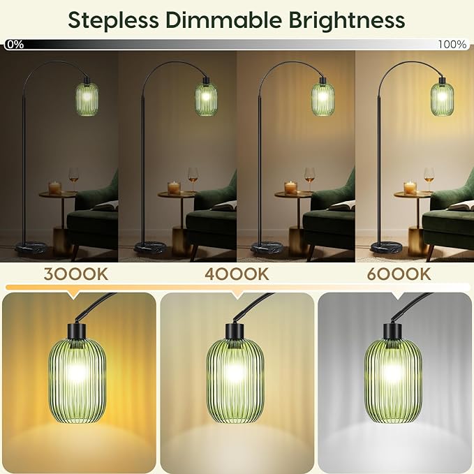COTTHOS Glass Floor Lamp for Living Room, Modern Standing Lamp with Ribbed Glass Lampshade Marble Base, 68” Tall Lamp with Remote Control and Pedal Switch for Bedroom(6000K LED Bulb Included)