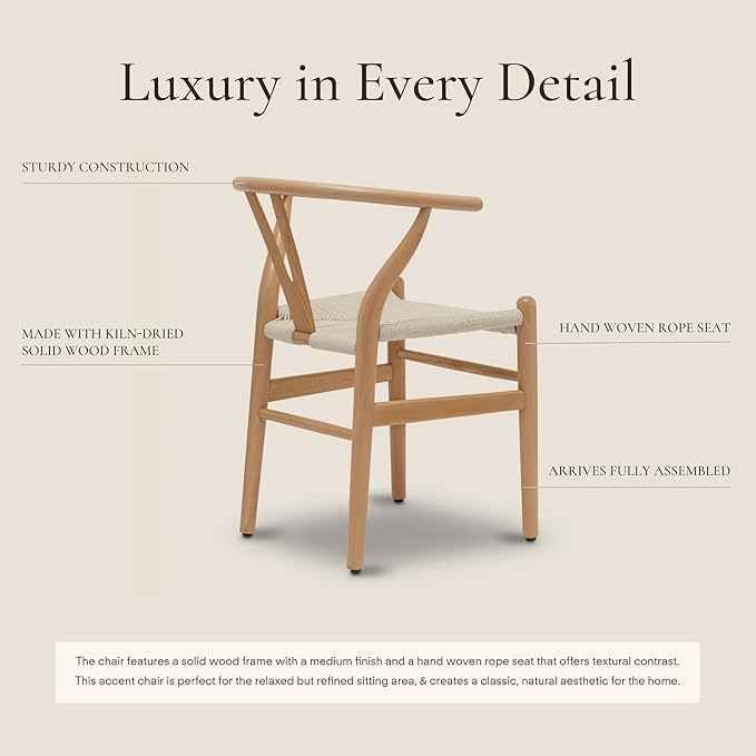 POLY & BARK Weave Dining Chair – Mid-Century Modern Wishbone Dining Chair with Arms, Solid Wood Frame, Indoor Use – Oak – Single - Ideal for Dining Room, Kitchen, or Stylish Accent Setting