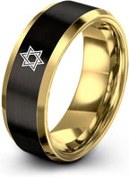 Mezuzah star Of David Ring - Gift for Jewish Family - Flat Dome Bevel - 8mm - Men Women - Yellow Gold Black Silver Blue - Anniversary Wedding - Personalized Custom Engraving - Band - Brushed Polished