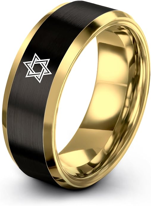Mezuzah star Of David Ring - Gift for Jewish Family - Flat Dome Bevel - 8mm - Men Women - Yellow Gold Black Silver Blue - Anniversary Wedding - Personalized Custom Engraving - Band - Brushed Polished