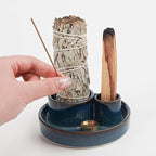4 in 1 Incense Holder, Ceramic Incense Stick and Palo Santo Holder,Sage Holder for Burning- 4.25" Ceramic Ash Catcher Tray for Meditation and Yoga Room (Blue)