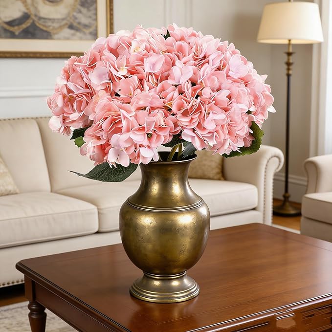 Kimura's Cabin 6pcs Pink Fake Hydrangea Flowers Artificial Silk Hydrangea Bouquets Faux Hydrangea with Stems for Wedding Home Party Table Core Decoration (Pink, Pack of 6)