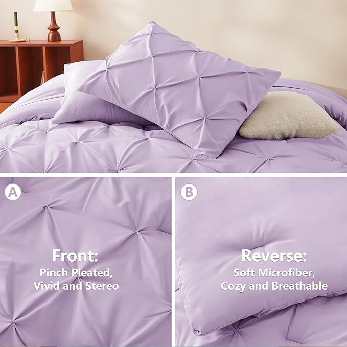 CozyLux Full Size Comforter Sets Lavender, 7 Pieces Bed in A Bag Light Purple Comforter Full Size, Pinch Pleat Bedding Sets with All Season Comforter, Sheets, Pillowcases & Shams
