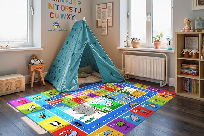 Booooom Jackson ABC Rug Kids Rug Educational Rugs Non-Slip Kids Carpet with Alphabet, Number Mat for Children, Baby, Toddler Play, 4'11'' x 6'67''