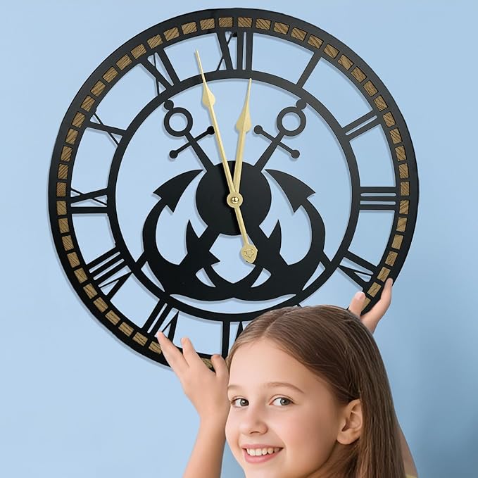 24 Inch Wall Clock, Anchor Wall Clock, Silent Non Ticking, Battery Operated Large Decor Clocks for Living Room Decor, Kitchen, Office (Nautical Style)