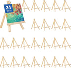 Falling in Art 24 Pack Mini Wooden Display Easels, 10 Inch Tripod Painting Easel Stand, Portable Art Canvas Holder for Photos, Prints and Signs