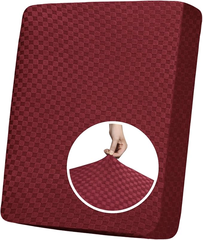 YEMYHOM Stretch Individual Cushion Covers Sofa Chair Seat Cushion Slipcovers Soft Couch Cover Replacement Large Checkered Furniture Protector with Elastic Bottom (1 Pc Cushion Cover, Wine Red)