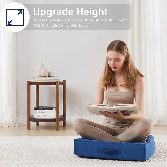 22 inches Floor Pillow for Adults - Large Meditation Cushion with Thick Foam & Soft Tufted Cover - Premium Outdoor Square Floor Cushion Seat - Yoga Pillows for Sitting On Floor - Navy Blue