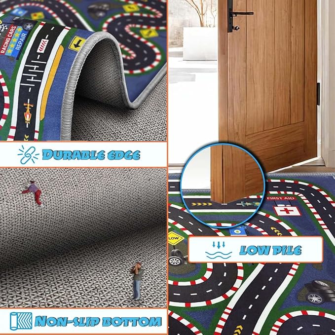 Kids Rug,Children's Room Rug,Road Race Play Rugs, Rail City Living Rugs, Washable Non-Slip Play Mats. (Dark Blue, 39x59in)