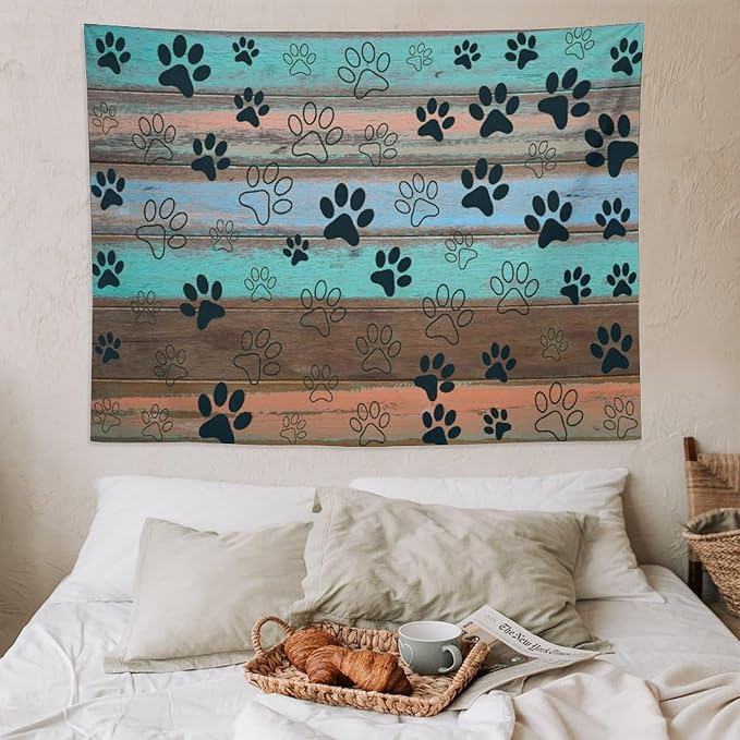 VUMIVI Dog Paw Print Tapestry Rustic Farmhouse Vintage Wood Paneling Home Decor Tapestry Wall Hanging for Living Room Bedroom Dorm Classroom Aesthetic Decor W80xL60in