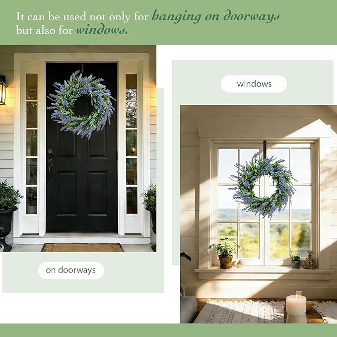 Solar Spring Wreath for Front Door 24inch 50LED Pre-lit Wreaths Spring Summer Decorations Artificial Wreath Purple Lavender Flower for Outside Home Festival Farmhouse Decor(2401)