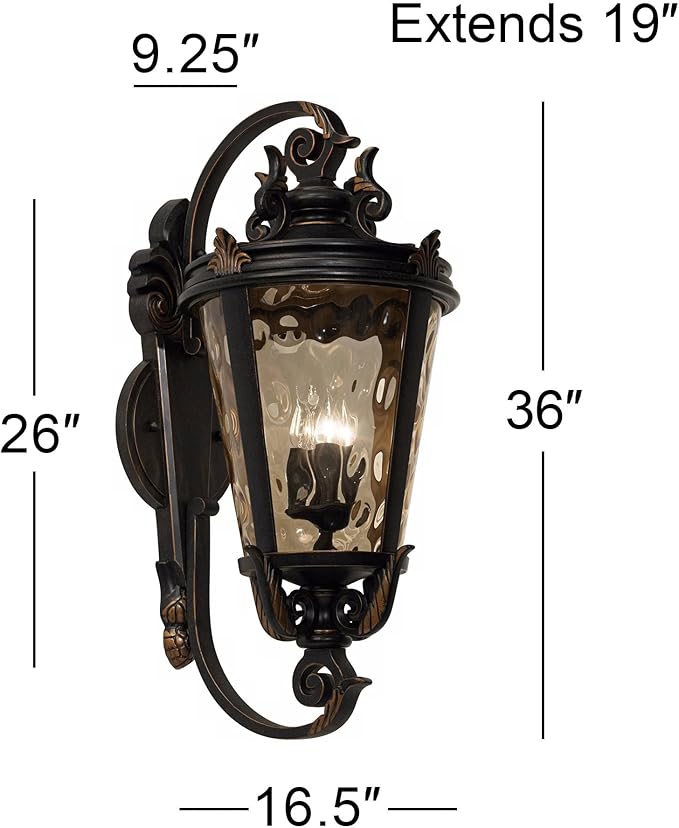 John Timberland Casa Marseille European Outdoor Wall Fixture Veranda Bronze Brown Ornate Scroll 36" Champagne Hammered Glass for Exterior House Porch Patio Outside Deck Garage Front Door Home