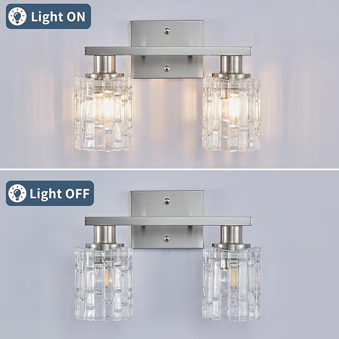 2 Light Brushed Nickel Bathroom Vanity Light Over Mirror, Modern Vanity Lighting with Crystal Glass Shade, Wall Mount Bathroom Light Fixtures, E26 Base