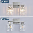 2 Light Brushed Nickel Bathroom Vanity Light Over Mirror, Modern Vanity Lighting with Crystal Glass Shade, Wall Mount Bathroom Light Fixtures, E26 Base