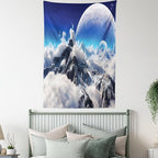 Ambesonne Fantasy Tapestry Queen Size, Celestial View of Snow Capped Mountains and Alien Planet Print, Wall Hanging Bedspread Bed Cover Wall Decor, 88" X 88", White and Navy Blue
