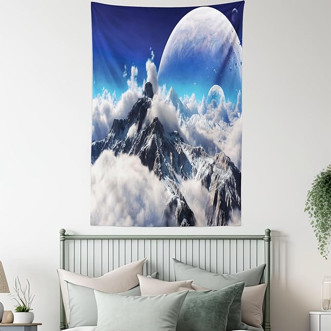 Ambesonne Fantasy Tapestry Twin Size, Celestial View of Snow Capped Mountains and Alien Planet Print, Wall Hanging Bedspread Bed Cover Wall Decor, 68" X 88", White and Navy Blue