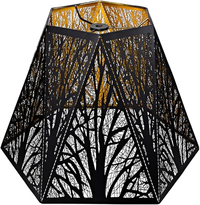 Medium Modern Style Lamp Shades with Multiple Sides, ALUCSET Metal Lampshade with Pattern of Trees for Table Lamp and Floor Light, 7 x 13.8 x 9.5 Inch, Spider (Black/Gold)