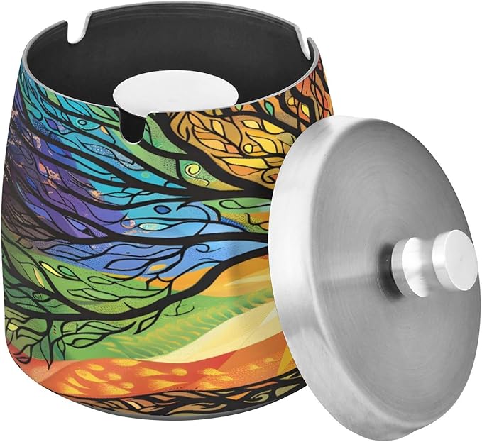 Mysterious Tree Colorful Ashtray with Lid, Outdoor Ashtrays for Patio, Stainless Steel Ashtray Odorless Smokeless for Home Office Balcony