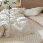 MooMee Striped Duvet Cover Set 100% Washed Cotton Linen Like Textured Breathable Durable Soft Comfy (Almond Milk Grey Classic Stripes, Oversized King Plus 128"x120")
