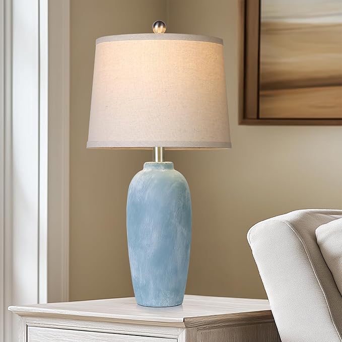 25“ Jar Table Lamps Set of 2, Ceramic Bedside Lamps for Bedroom, Blue Coastal Nightstand Lamps for Living Room