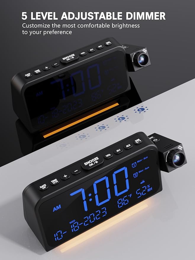 Mesqool Projection Alarm Clock for Bedroom Ceiling, Digital Clock Projector with Weekday/Weekend Mode, Date, Temperature, Humidity, Type-C USB Charger, Snooze, Dual Alarms, Dimmer,12/24H