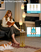 Gold Floor Lamp with Tray, 3-Lights Dimmable Floor Lamps with Rock-Shaped Shade, Unique Candle Holder Style Modern Tall Standing Lamp for Living Room/Party(Bulbs Included)