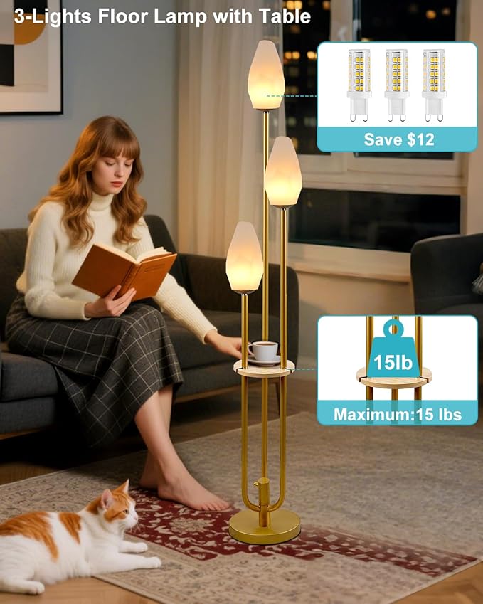 Lightdot Gold Floor Lamp with Tray, 3-Lights Dimmable Floor Lamps with Rock-Shaped Shade, Unique Candle Holder Style Modern Tall Lamp for Living Room/Party/Sofa Beside/Corner Decor(Bulbs Included)