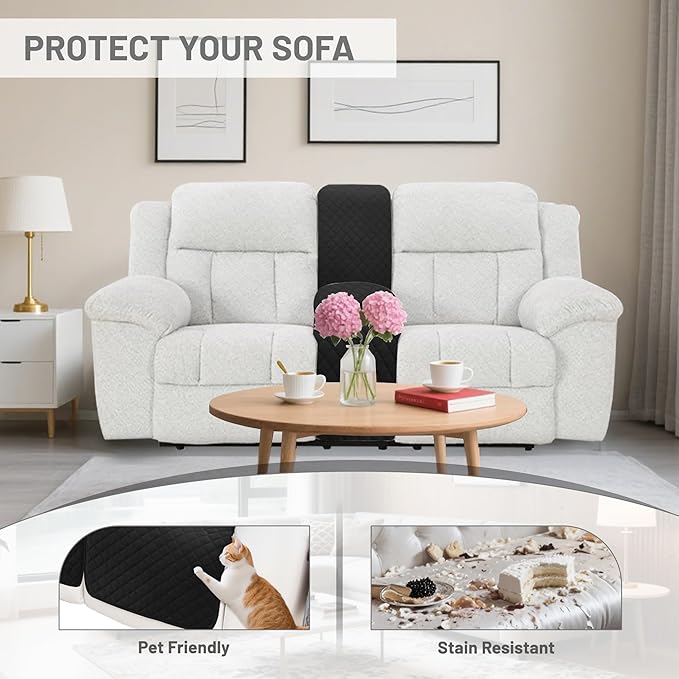 Reclining Sectional Couch Covers Velvet L Shape Recliner Sofa Middle Console Cover for Dogs Pets Washable Anti Slip 1 Additional Recliner Center Console Slipcovers (1 Console, Black)