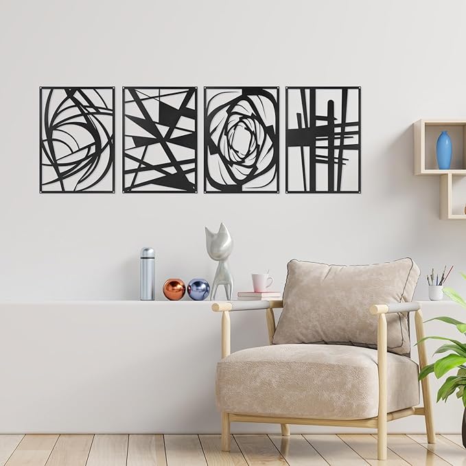 4 Pieces Black Abstract Metal Wall Art, Modern Minimalist Matte Wall Decor, 3D Textured Wall Sculptures, Black and White Wall Art for Living Room Bedroom Bathroom Study Office (15.7 x 10.6inch) (Abstract)