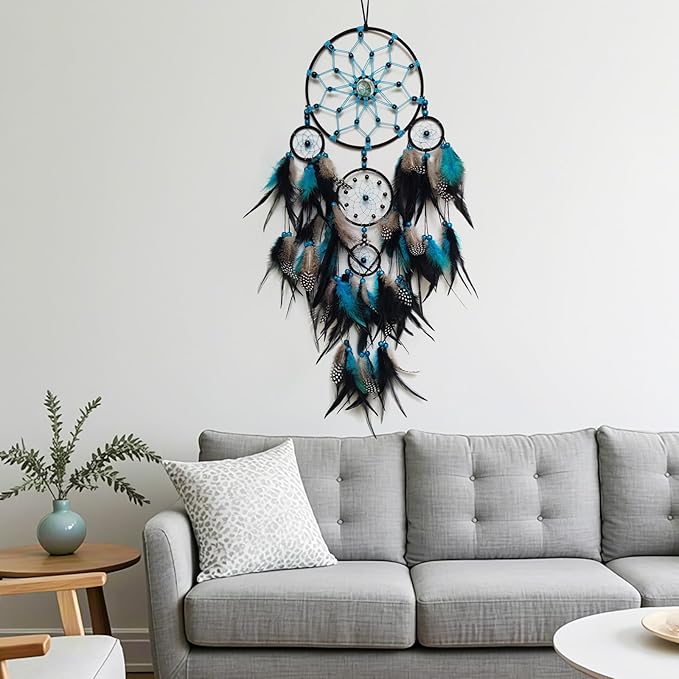 Large Dream Catcher Wall Decor Blue and Black Dream Catchers with Tree of Life Pendant Bead Handmade Feather Dreamcatcher Wall Hanging Ornament for Bedroom Living Room Home Decor