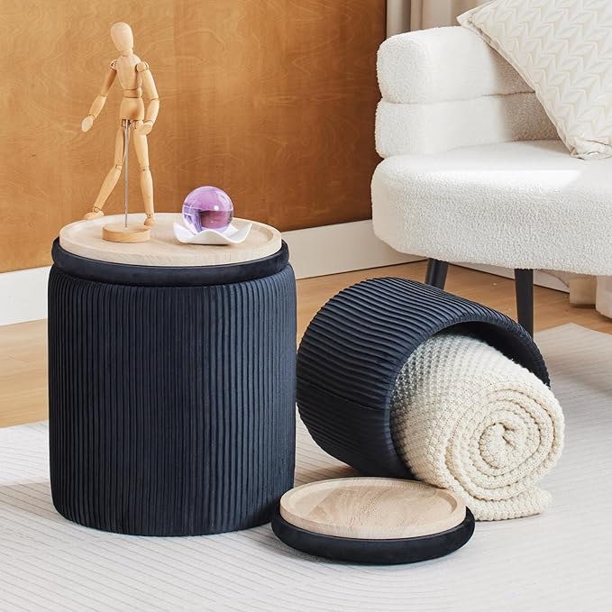 Round Ottoman with Storage Set of 2-Upholstered Velvet Vanity Stool for Makeup Multifunctional Ottomans Coffee Table Padded Seat Foot Rest for Living Room&Bedroom (Black-Upgrade Taray Lid)
