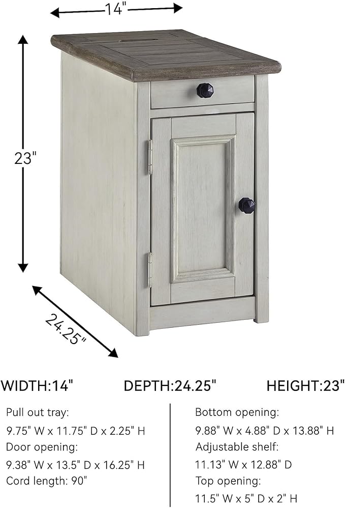 Signature Design by Ashley Bolanburg Farmhouse Chair Side End Table, 2 USB Ports, Pull-out Tray, Wood, 14" W x 24.25" D x 23" H, Antique Cream & Brown