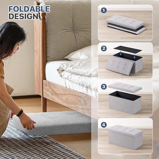 MoNiBloom 30 Inch Storage Ottoman Bench, Rectangle End of Bed Bench, Storage Padded Seat, Linen Fabric Ottoman Footrest for Living Room, Bedroom, Entryway, Light Gray