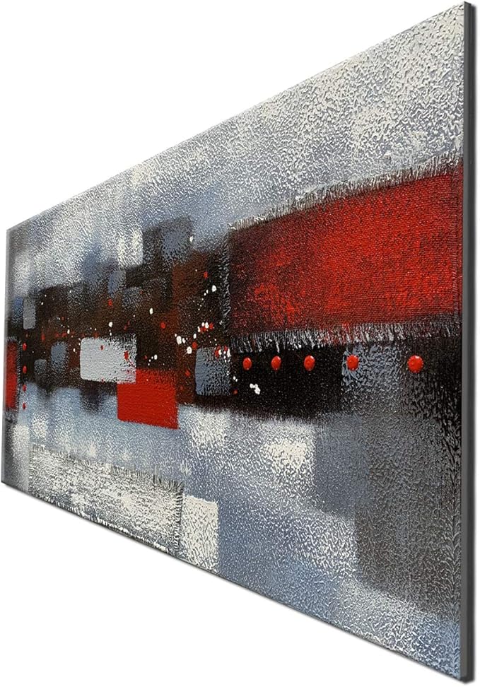 MyArton Textured 3D Oil Painting on Canvas Thick Linen Artwork Modern Abstract Art for Wall Decor Red Gray Painting Picture for Home Decoration