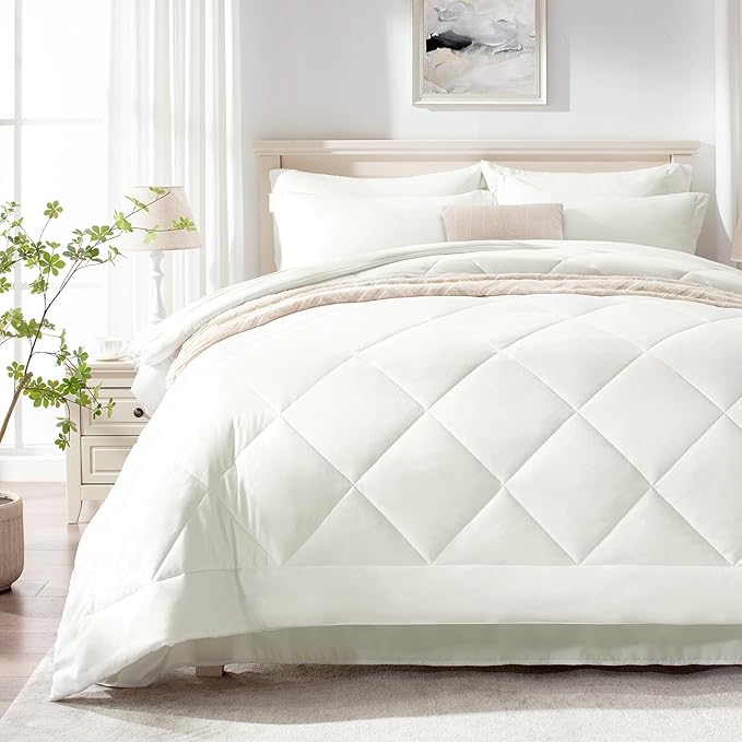 Love's cabin Twin XL Comforter Set Ivory, 5 Pieces Twin XL Bed in a Bag, All Season Bedding Sets with 1 Comforter, 1 Flat Sheet, 1 Fitted Sheet, 1 Pillowcase and 1 Pillow Sham
